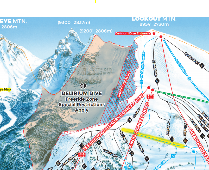 Shows the steepest runs at sunshine ski resort (Delirium Dive) 