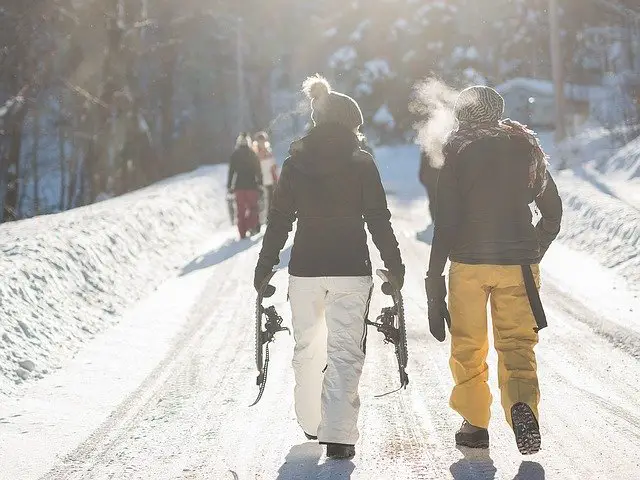 Snowshoers wearing warm clothing in cold conditions 