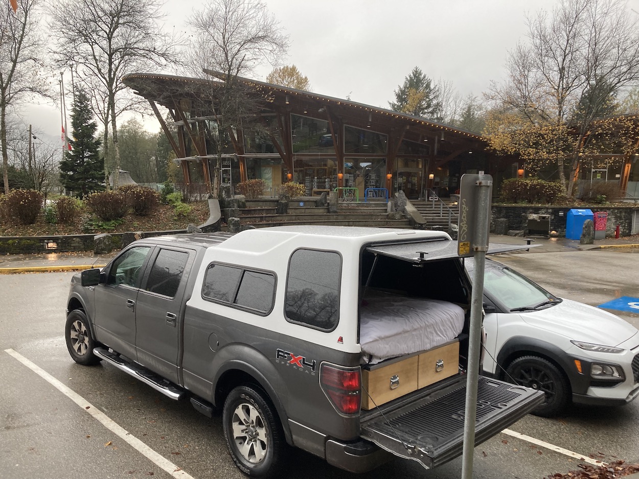 camping in truck at an information centre 