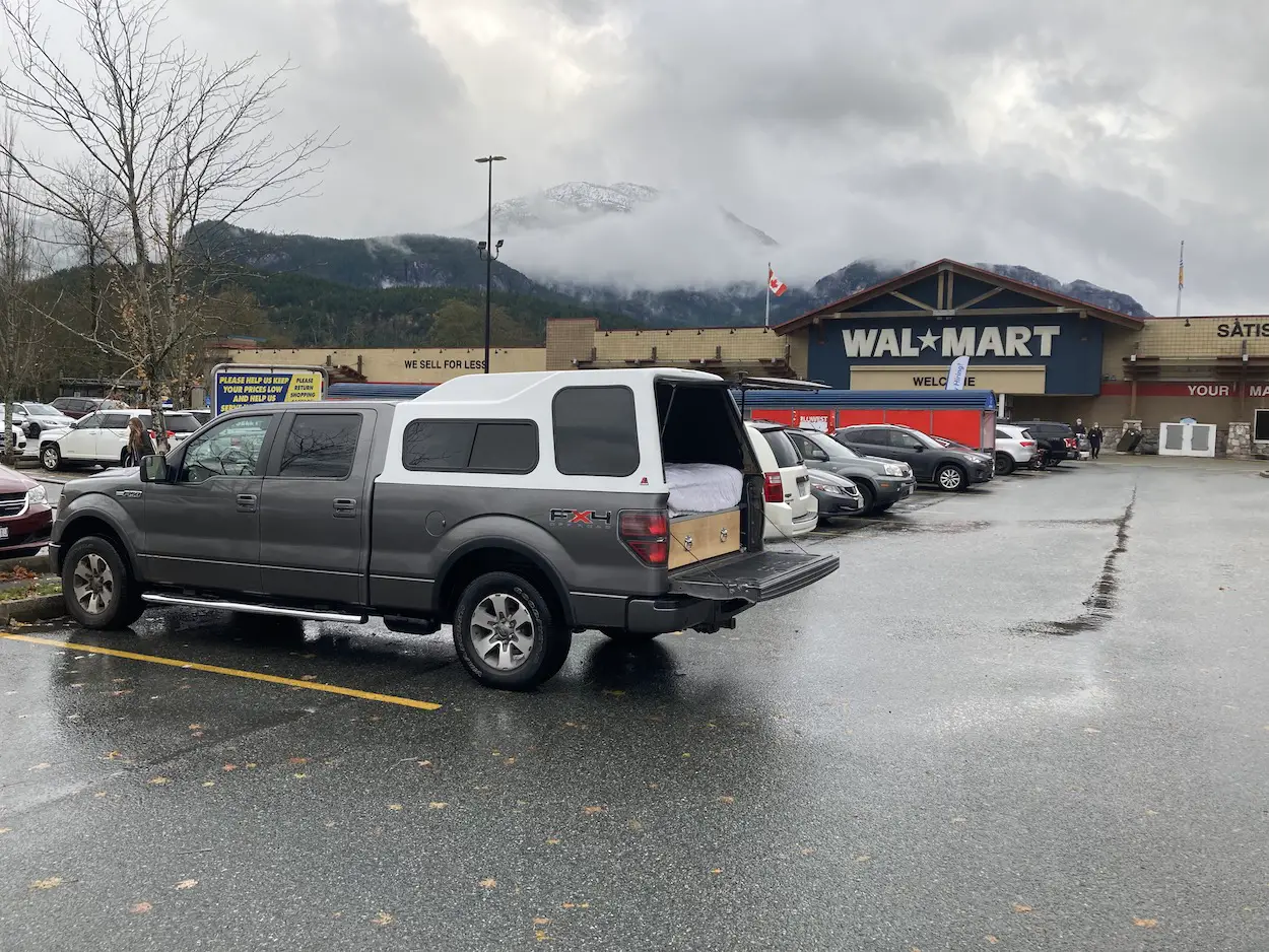 camping in truck in a walmart parking lot 
