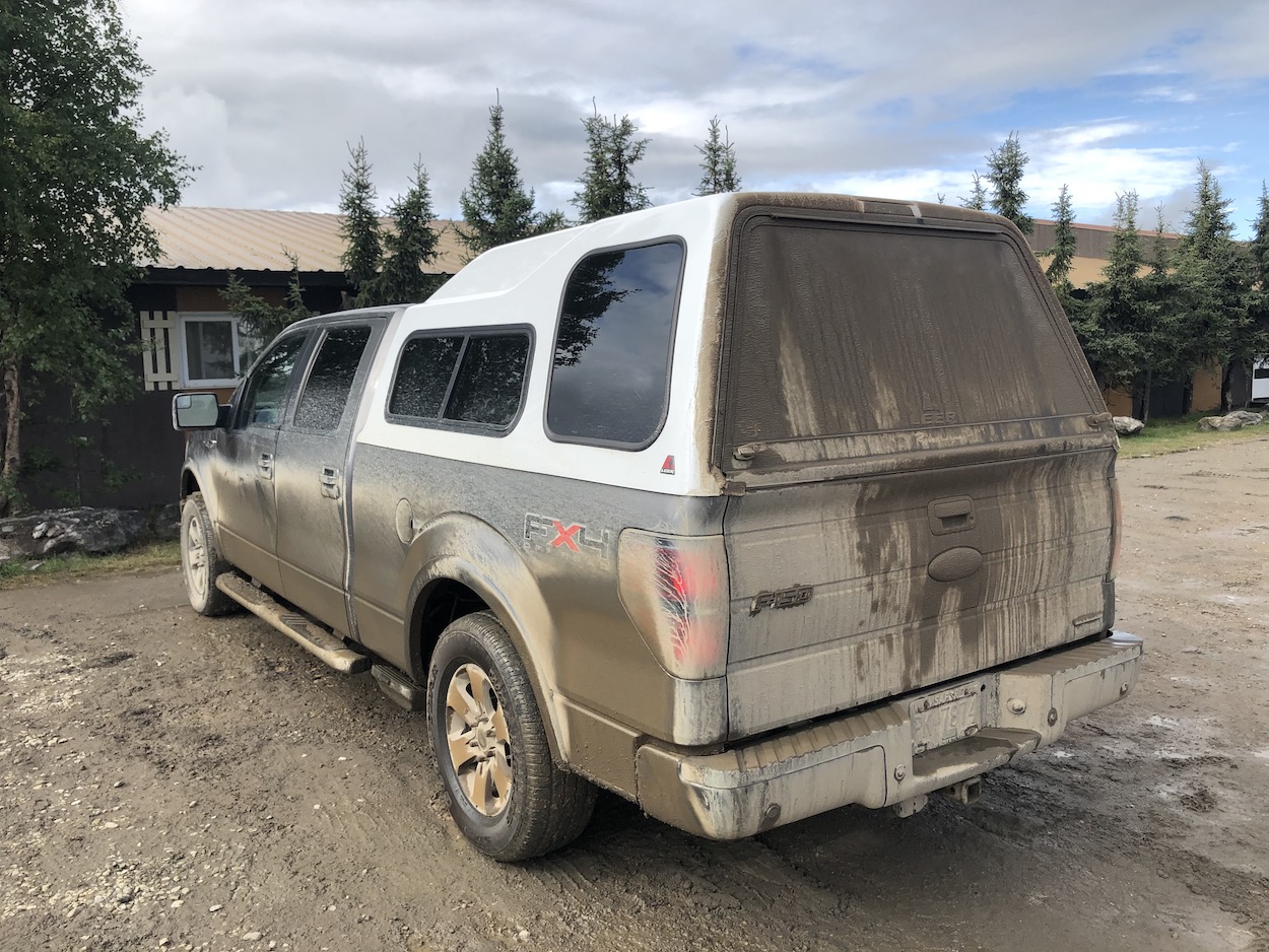 A very dirty truck after driving the Dempster Highway 