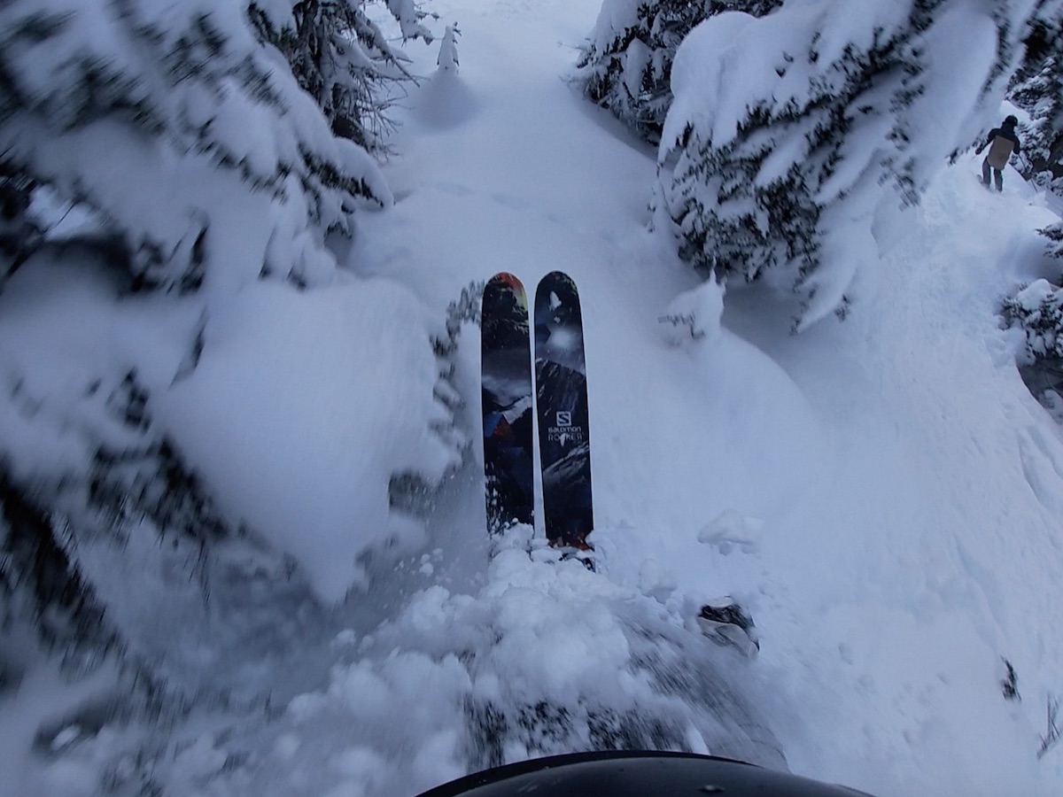 Powder Skiing on wide skis in Whistler BC, Canada 