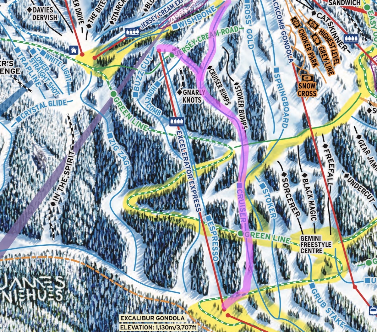 Best Groomed Runs on Blackcomb Map, Cruiser, Excelerator Express, Whistler BC 