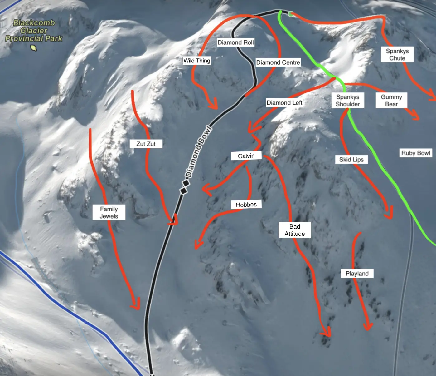 Map of the Diamond Bowl in Spankys Ladder, Blackcomb Mountain, Whistler BC 