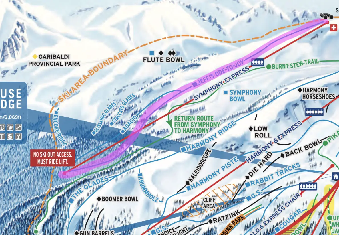 Map of Jeffs Ode To Joy Ski Run on Symphony Express Chair, Whistler Mountain, BC 
