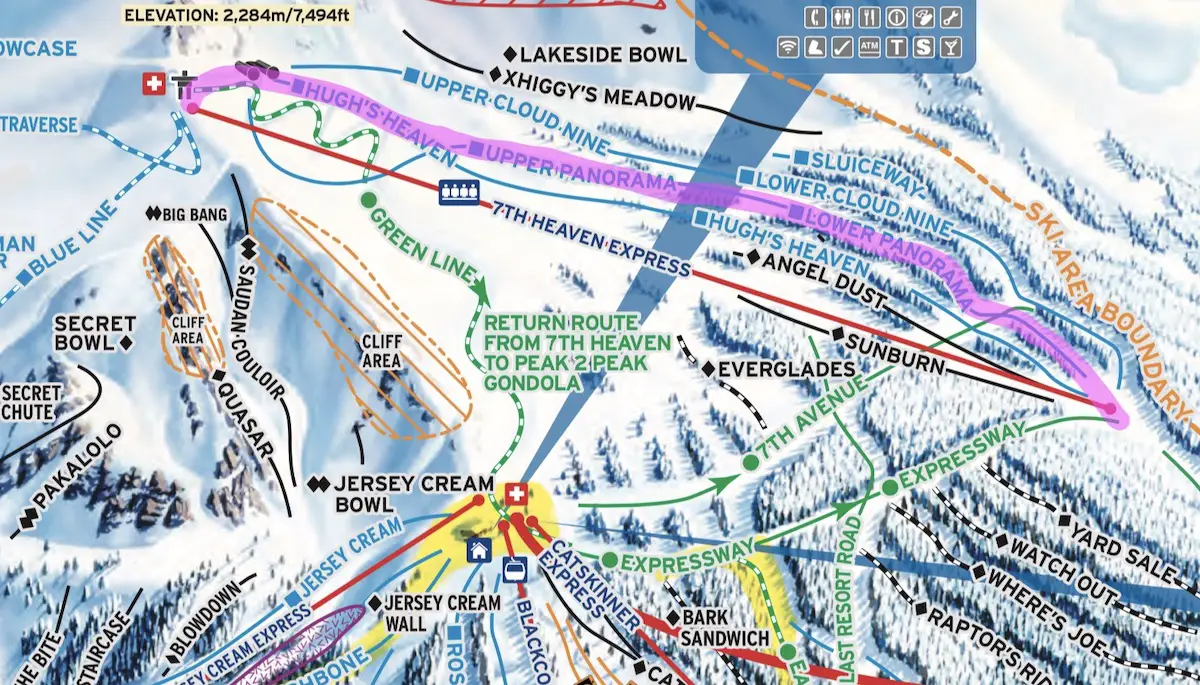 Best Groomed Runs on Blackcomb Map, Hughes Heaven and Panorama, 7th heaven, Whistler Blackcomb BC 