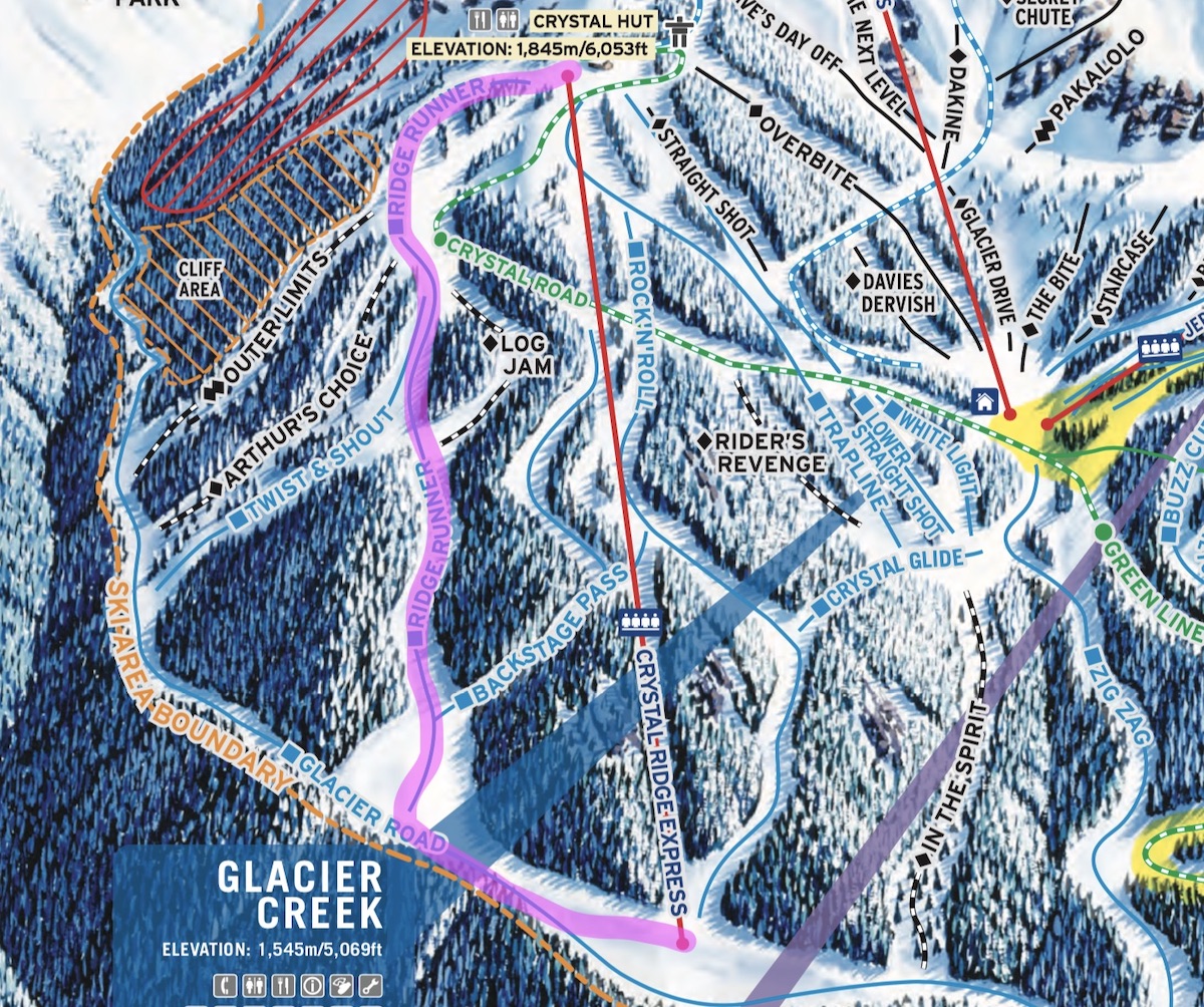 Best Groomed Runs on Blackcomb Map, Ridge Runner, Crystal Ridge Express, Blackcomb Mountain, Whistler BC 