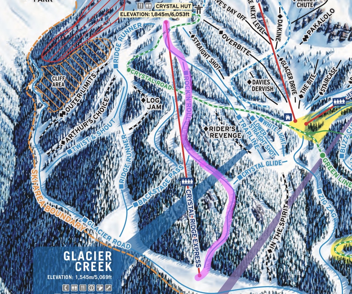 Best Groomed Runs on Blackcomb Map, Rock n Roll, Crystal Ridge Express, Blackcomb Mountain, Whistler BC Crystal Ridge Chair 