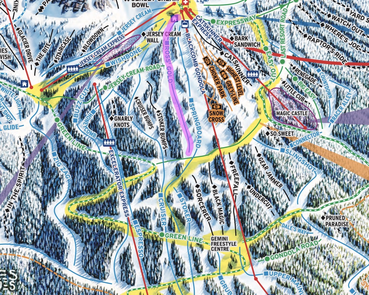 Best Groomed Runs on Blackcomb Map, Ross Gold, Jersey Cream Chair, Whistler BC 