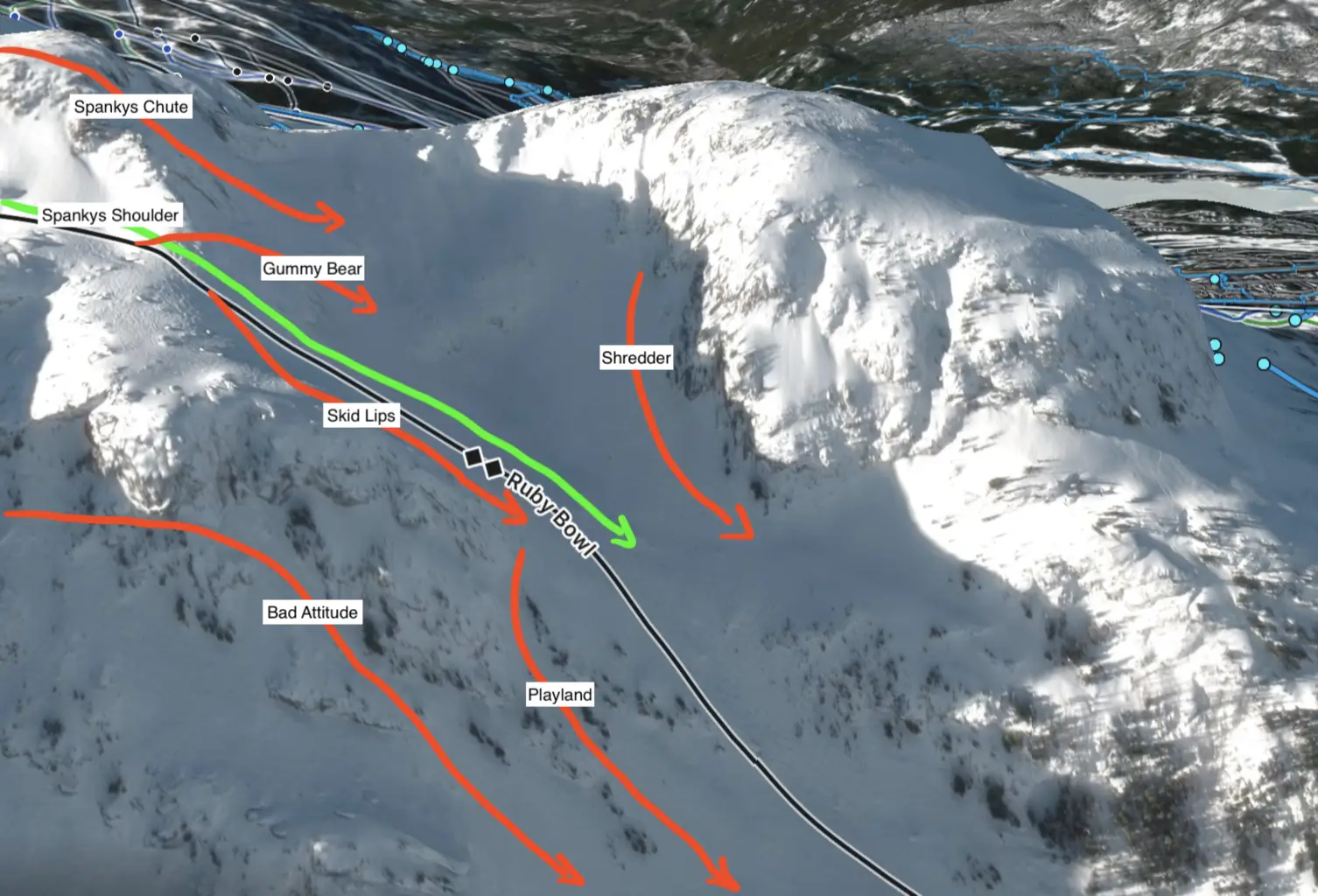 Map of the Ruby Bowl, Spankys Ladder, Whistler Blackcomb BC 