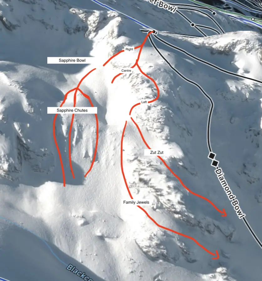 Map of the Sapphire Bowl, Spankys Ladder, Whistler Blackcomb BC 