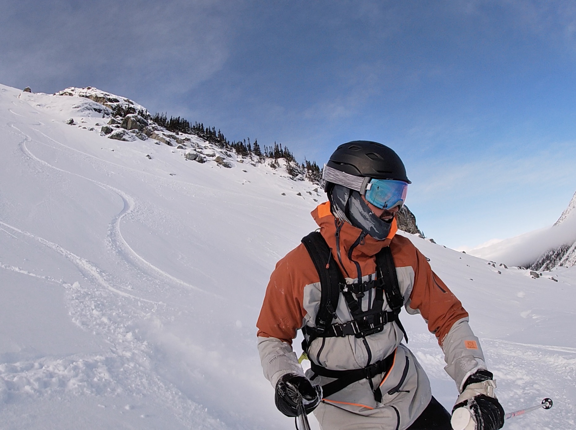 Skiing fresh snow in the Sapphire Bowl in Spanky's Ladder, Whistler BC 