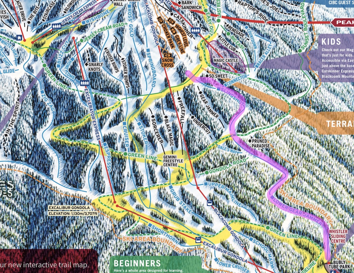 Best Groomed Runs on Blackcomb Map, Slingshot and Lower Gear Jammer, Blackcomb Gondola, Whistler BC 