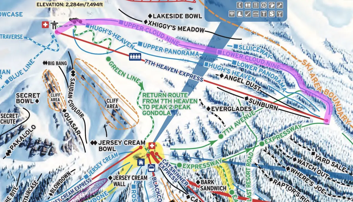 Best Groomed Runs on Blackcomb Map Lower CLoud 9, 7th heaven, Blackcomb Mountain, Whistler BC 