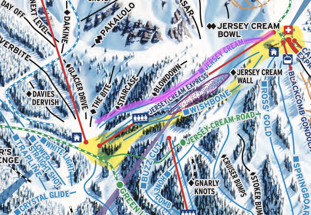 Best Groomed Runs on Blackcomb Map, Wishbone and Cougar Milk, Whistler BC 