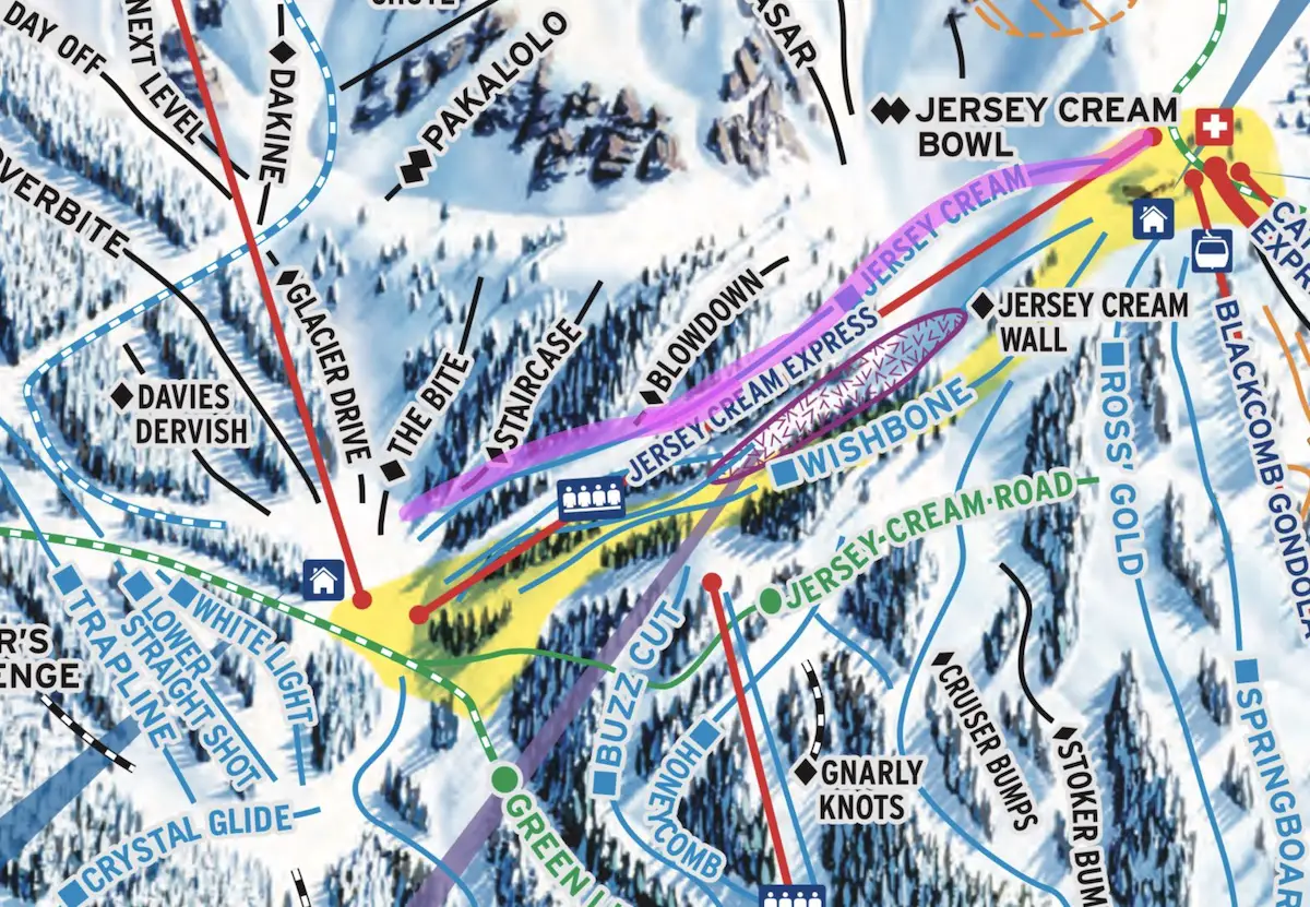 Best Groomed Runs on Blackcomb Map, Wishbone and Cougar Milk, Whistler BC 