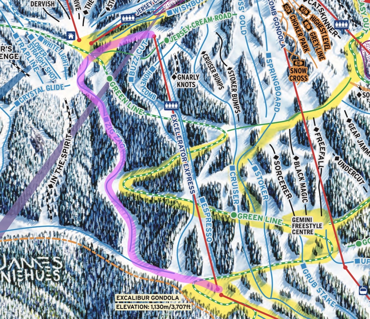 Best Groomed Runs on Blackcomb Map, Zig Zag, Excelerator Express, Whistler BC 