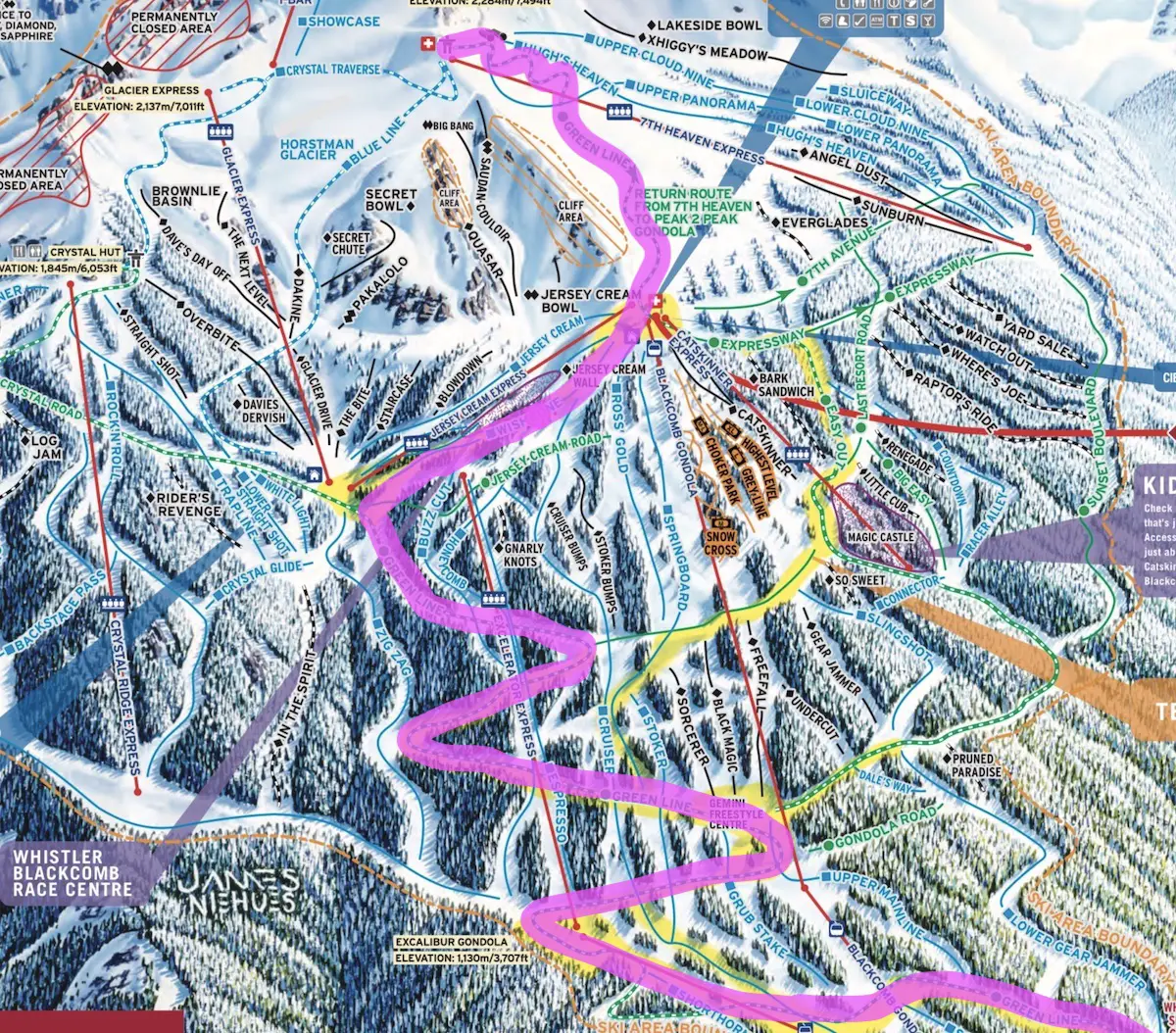 Greenline - Easiest Run from Blackcomb Mountain Summit Map 