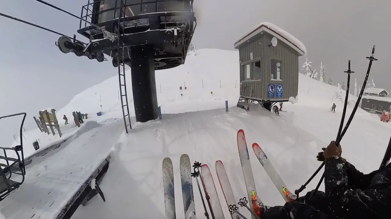 Riding up the Motherlode chair at Red Mountain Ski Resort in Rossland, British Columbia 