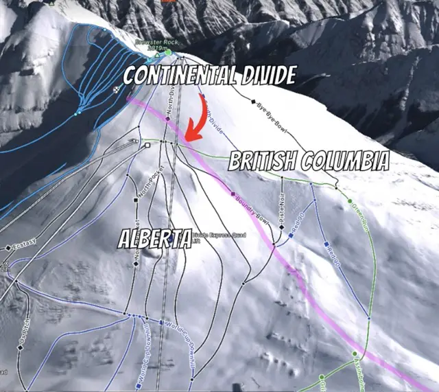 Continental divide at Banff Sunshine village ski resort on the ski run 